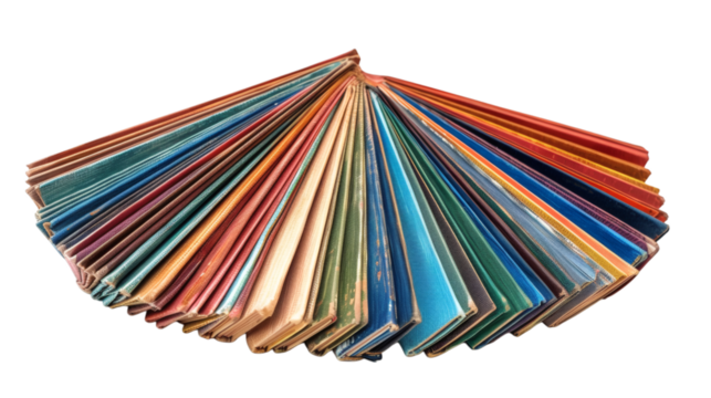Stack of colorful books arranged at an angle isolated on a white background