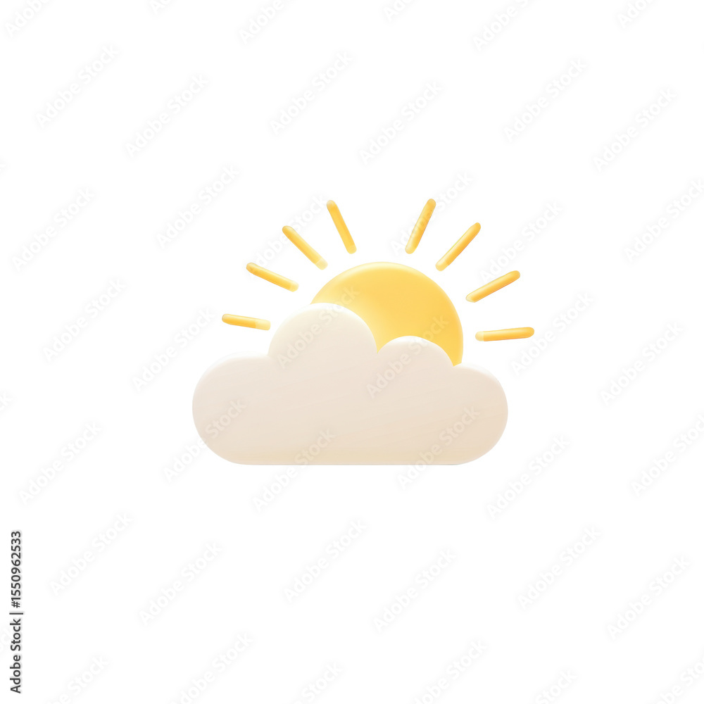 Poster a soft 3d rendering of a sunny day icon with a cloud and rays of light on a transparent png backgrou