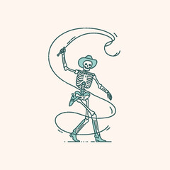 Skeleton as cowboy Twirling a lasso. Ghost Spooky Scary Halloween Cartoon Clipart Line Art Vector Illustration. Boney figure like rancher turning loop bone man tossing rope in western mode.