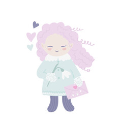 Smiling, happy kid holding a snowdrop and a love letter or card. Cute drawing of a young girl with love, all in pastel colors. Springtime romantic illustration with funny character.