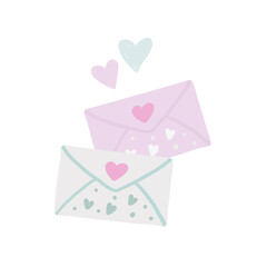Hand-drawn romantic love letters with a hearts, icon for messages, mail or stickers, illustration in soft pastel colors.