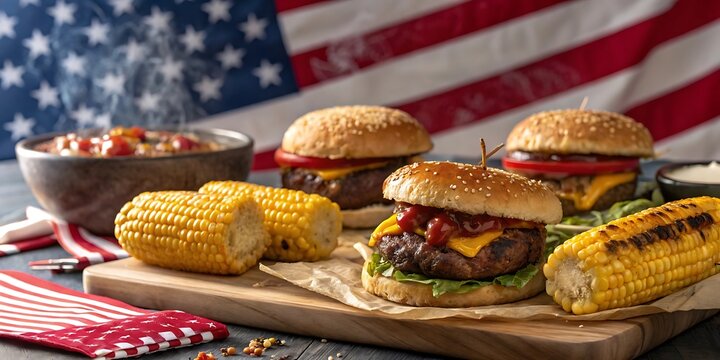 Delicious grilled burgers and corn on the cob served with an american flag background