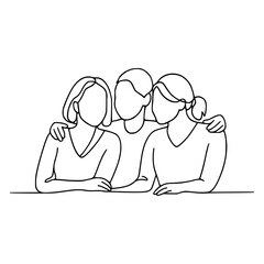 Three friends embracing in a minimalist line art illustration