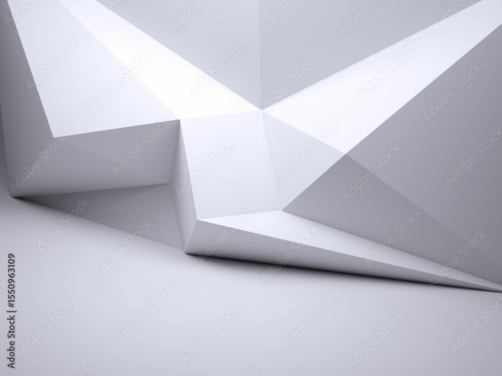 Poster large polygonal structure is resting on flat base plane in 3d abstract design, showing sharp facets
