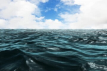Dark teal ocean is gently rolling toward horizon under blue sky with white clouds, flat design © vectorfusionart