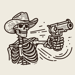 Skeleton as cowboy Shooting a gun. Ghost Spooky Scary Halloween Cartoon Clipart Line Art Vector Illustration. Bony gunslinger drawing firearm western undead figure using pistol.