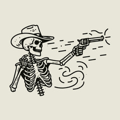 Skeleton as cowboy Shooting a gun. Ghost Spooky Scary Halloween Cartoon Clipart Line Art Vector Illustration. Bony gunslinger drawing firearm desert motif western character bones.