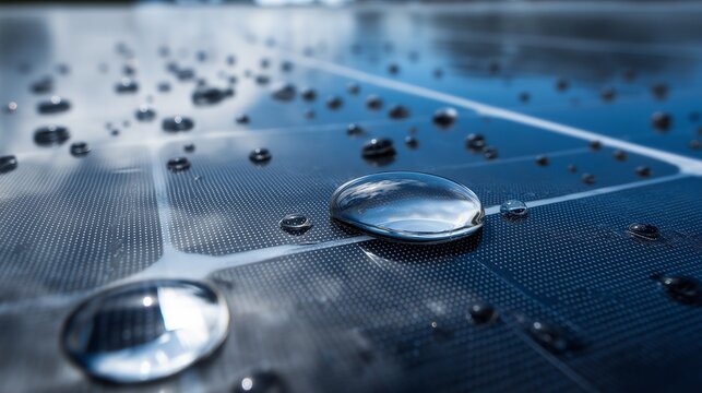 A close-up of solar panel surfaces shows silicon cells and grid lines, enhanced by morning dew drops reflecting the blue sky, highlighting renewable energy technology
