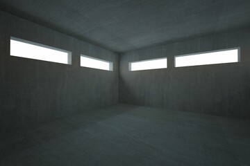 Empty concrete room is showing flat minimalist design with narrow windows allowing diffuse light