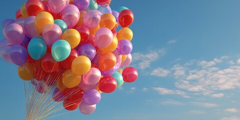 Colorful balloons cluster against a clear blue sky.