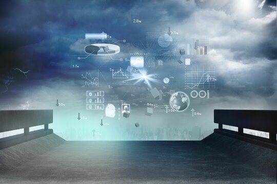 Glowing holographic charts and globe are hovering above roof terrace in 3D design with storm clouds - Powered by Adobe