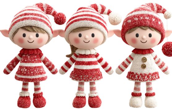 3 cute elf-on-the-shelf characters, Christmas-themed, wearing red and white , with a transparent background.png