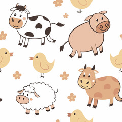 Obraz premium Seamless Farm Animal Pattern – Cute Vector Design. Seamless cartoon vector of farm animals in soft pastel tones. Perfect for baby products, packaging and wallpapers.