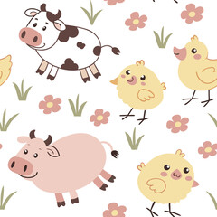 Fototapeta premium Seamless Farm Animal Pattern – Cute Vector Design. Seamless cartoon vector of farm animals in soft pastel tones. Perfect for baby products, packaging and wallpapers.