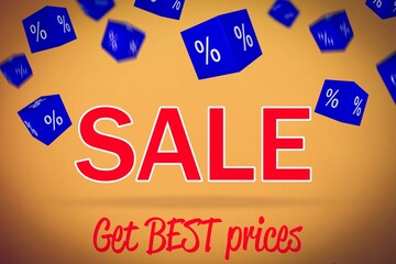 Promotional design is showing bold red SALE on warm gradient, with floating blue percent cubes