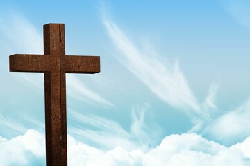 Flat design wooden cross rising against bright sky with cirrus and cumulus clouds, copy space