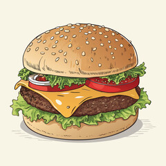 Burger Vector Illustration – Colorful Flat Design of Tasty Cheeseburger with Lettuce, Tomato, Cheese, and Sesame Bun – Perfect for Menus, Fast Food Branding, or Digital Food Art

