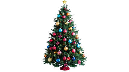 Fototapeta premium Artificial Christmas tree with multi-colored ornaments and bright lights Transparent background, PNG