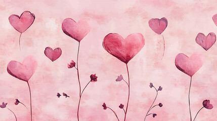 Pink Watercolor Heart Flowers Pattern card on Soft Background,Generative Ai