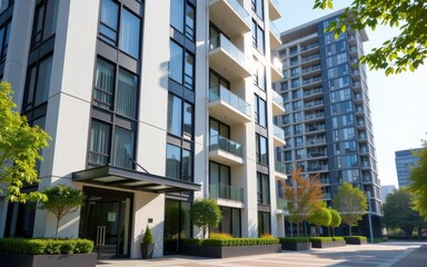 Fototapeta premium Modern apartment building exterior. Modern apartment buildings with sleek designs and greenery in an urban setting.