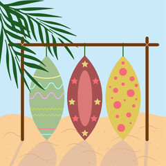Vector illustration of three colorful surfboards with patterns hanging on a wooden stand, with palm leaves and sandy beach in the background.