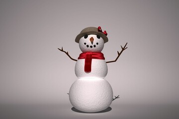 Snowman is standing on gray backdrop, flat design, featuring twig arms, red scarf, carrot nose