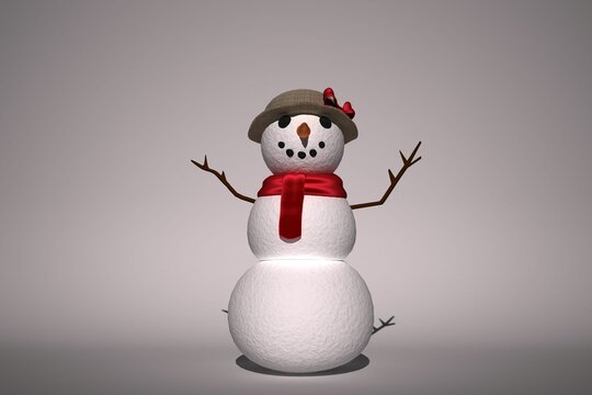 Snowman is standing on gray backdrop, flat design, featuring twig arms, red scarf, carrot nose