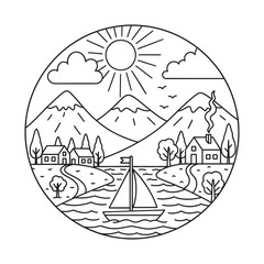 Naklejka premium Riverside Mountain Village Lineart Illustration