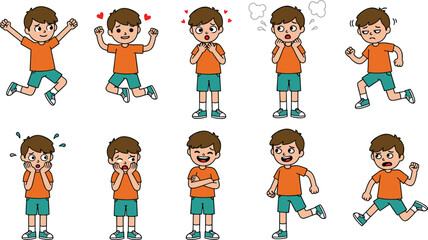Cartoon boy emotional expressions set, happy sad angry scared surprised confused running, children emotions character pose, vector illustration, kids mood