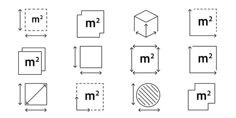 Real estate dimension icon showing M2 sign. Square meter measurement symbol for floor area, room size, or apartment plan. Clean outline vector illustration