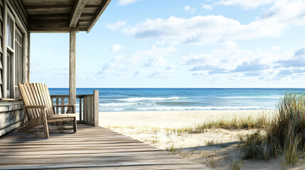 Rustic Beachfront Wooden Cabin Terrace Facing Beautiful Sea Horizon at Beach
