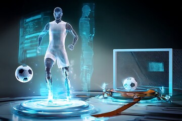 Futuristic soccer player with holographic overlays