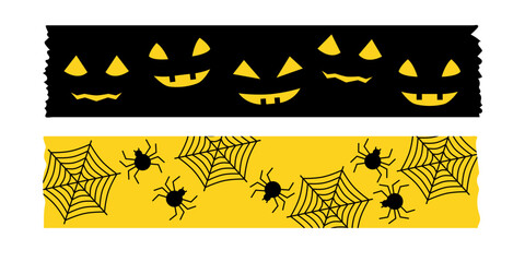 Spooky and cute Halloween washi tape illustrations. Vector masking tape set in orange black and purple with bats pumpkins and spiders. Perfect for scrapbooking packaging and seasonal design.