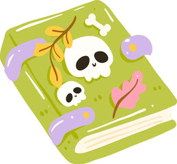 Kawaii Skull Spellbook Illustration, Cute Halloween Potion Book Clipart, Pastel Green Magic Book Design

