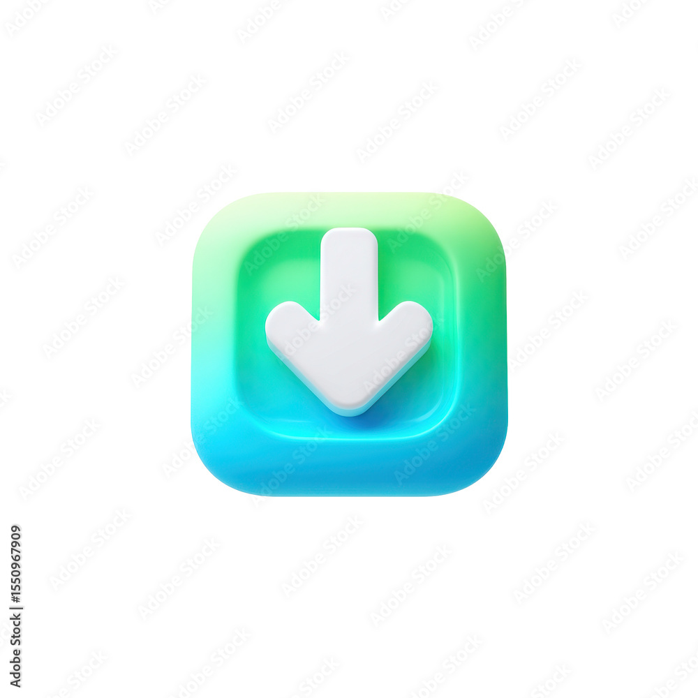 Poster download symbol green and blue icon arrow button 3d rendering transparent png for ui design and web 