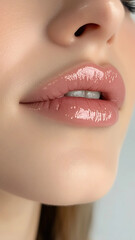 Obraz premium A close-up of the woman's lips, showing clear and smooth skin without any signs of dryness or peeling, with visible pink lip color that highlights her natural beauty. The background is plain white to 