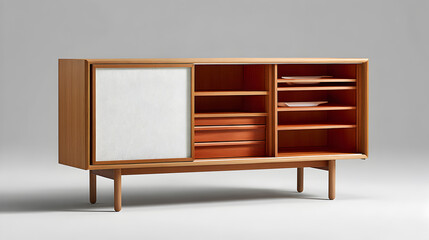 A stylish wooden sideboard, minimalist in design, with clean lines and a focus on functionality