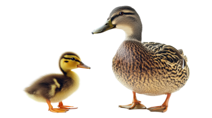 Baby duckling standing beside adult duck, adorable family theme Transparent background, PNG