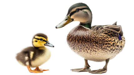 Baby duckling standing beside adult duck, adorable family theme Transparent background, PNG
