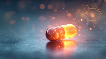Glowing pill capsule on reflective surface surrounded by medical symbols, symbolizing pharmaceutical innovation and healthcare advancements for human wellness. Modern medicine technology  concept