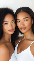 Two beautiful models with clean, clear skin for the beauty campaign. They have no makeup on their faces and show off a smooth, healthy, glowing, 