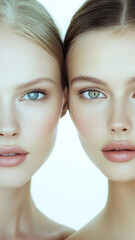 Two beautiful models with clean, clear skin for the beauty campaign. They have no makeup on their faces and show off a smooth, healthy, glowing, 