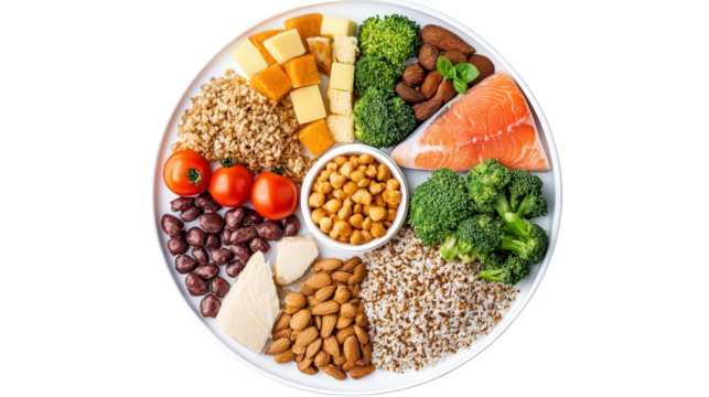 Balanced diet meal plate showing five food groups in equal portions Transparent background, PNG
