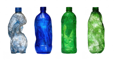 Four crumpled plastic bottles, different colors, isolated