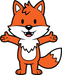 Cute cartoon fox with open arms, smiling woodland animal character, orange furry creature, kids mascot design, happy vector fox drawing, funny forest animal illustration