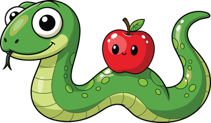 Cute Cartoon Green Snake with Big Eyes Carrying a Smiling Red Apple on its Back, Playful Animal and Fruit Duo, Isolated on White