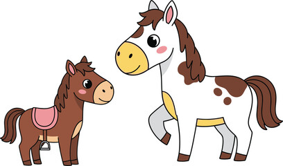 Cute cartoon horses standing together, adorable farm animal illustration, pony with saddle, smiling horse character, kids coloring design, funny farm pets, vector animal drawing