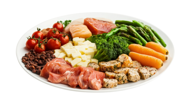 Balanced diet meal plate showing five food groups in equal portions Transparent background, PNG