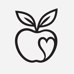 An apple where the two leaves are oversized and dramatic, wrapping partially around the top of the apple. Black vector art on a white background.