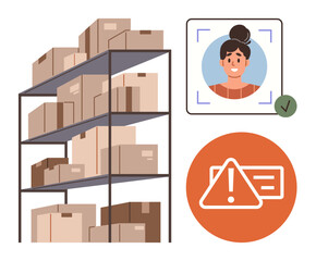 Stack of warehouse storage boxes on metal shelves, facial recognition icon with green checkmark, and caution warning sign. Ideal for logistics, safety, inventory, monitoring, technology, security